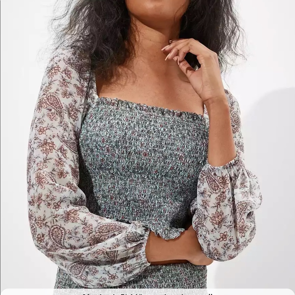 American Eagle Printed Smocked Square Neck Top